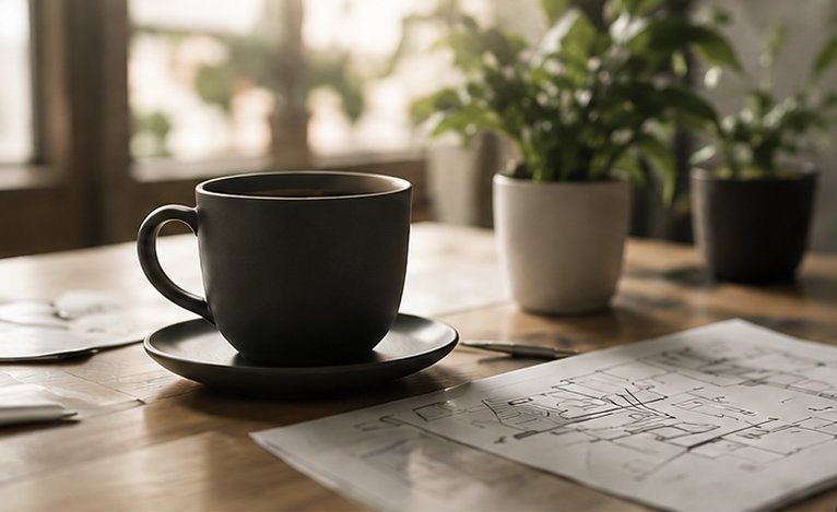 打ち合わせデスクのコーヒーと図面